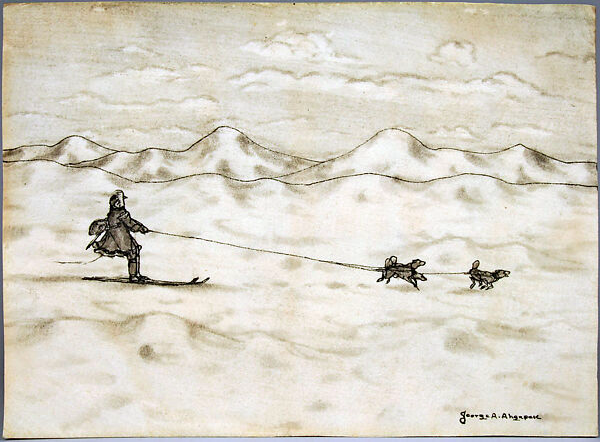 Man Skiing with Dogs