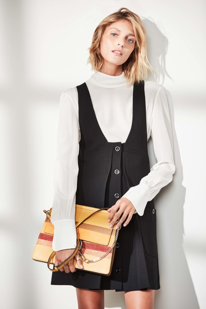 Chloe Mock Neck Silk Crepe Button Back Blouse Wool Crepe Jumper Dress